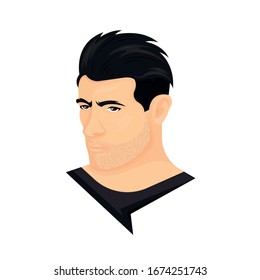 Vector illustration of a man with the disconnected quiff and stubble beard on a white background. The person with stylish haircut and beard. Template for barbershops, salons. Avatar in style realism.