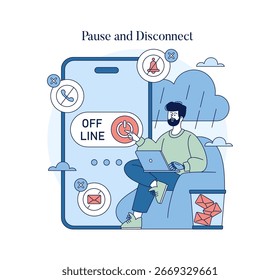 Ilustración vectorial de un hombre desconectándose de dispositivos digitales, simbolizando una desintoxicación digital. Desactiva las notificaciones mientras sostiene una computadora portátil, promoviendo el equilibrio fuera de línea y la atención plena.
