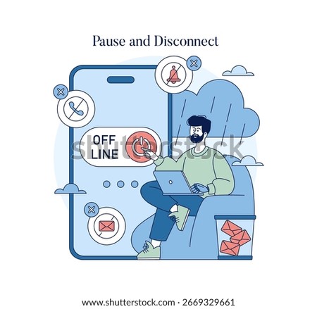 Vector illustration of a man disconnecting from digital devices, symbolizing a digital detox. He turns off notifications while holding a laptop, promoting offline balance and mindfulness.