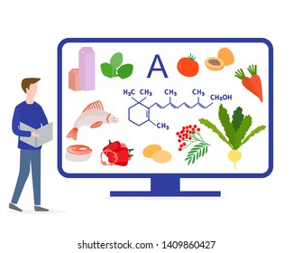 Vector illustration with man and display showing healthy foods rich in vitamins. Healthy lifestyle, proper nutrition. Design for app, websites, print, presentation.