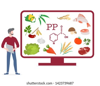 Vector illustration with man and display showing healthy foods rich in vitamins. Healthy lifestyle, proper nutrition. Design for app, websites, print, presentation.