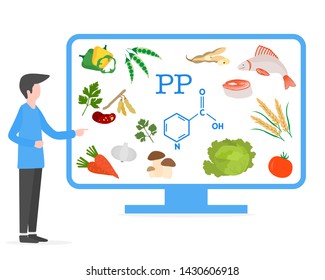 Vector illustration with man and display showing healthy foods rich in vitamins. Healthy lifestyle, proper nutrition. Design for app, websites, print, presentation.