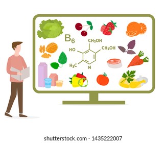 Vector illustration with man and display showing healthy foods rich in vitamins. Healthy lifestyle, proper nutrition. Design for app, websites, print, presentation.