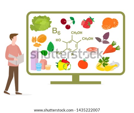 Vector illustration with man and display showing healthy foods rich in vitamins. Healthy lifestyle, proper nutrition. Design for app, websites, print, presentation.