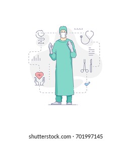 Vector illustration of man doctor in gloves with hands up.