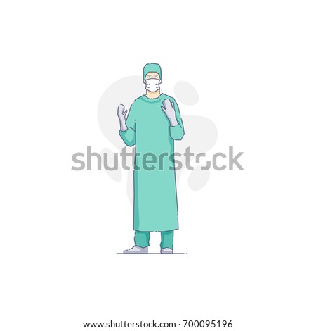 Vector illustration of man doctor in gloves with hands up.