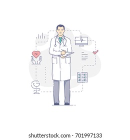 Vector illustration of man doctor in uniform writes notes on clipboard. 