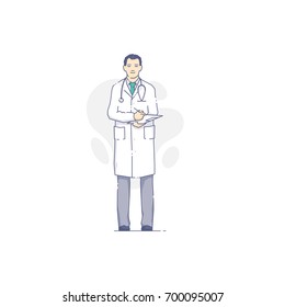 Vector illustration of man doctor in white coat writes notes on clipboard.
