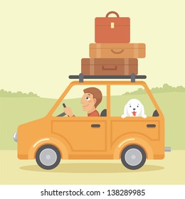 Vector Illustration Of Man With Dog Going On Vacation By Car