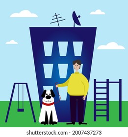 vector illustration of a man with a dog on a walk flat