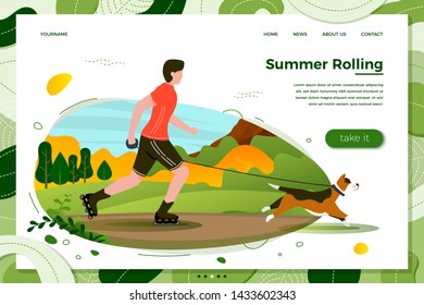 Vector illustration - man with dog rolling in park. Forests, trees and hills on green background. Banner, site, poster template with place for your text.