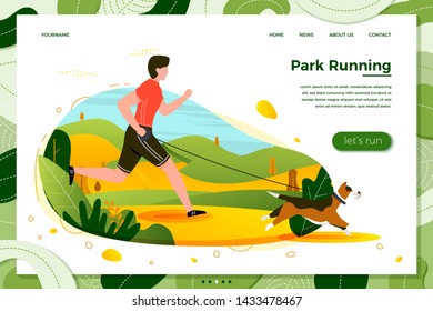Vector illustration - man with dog running in park. Forests, trees and hills on green background. Banner, site, poster template with place for your text.