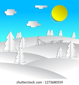 A vector illustration of man with dogs sledding during winter. Paper style.