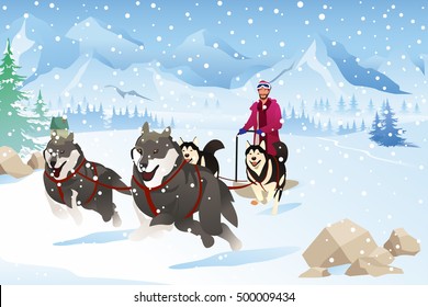 A vector illustration of Man with Dogs Sledding in the Snow During Winter