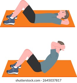 Ilustração vetorial do homem fazendo exercício de contração abdominal em duas poses