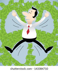 Vector illustration of a man doing angel in a heap of money