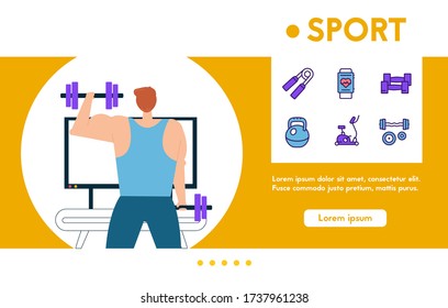 Vector illustration of man doing bench press barbell exercises. Training apparatus for muscle, sports equipment in gym. Healthy lifestyle, strength exercises, bodybuilding, workout, sport activity