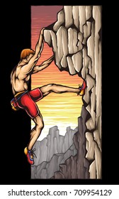 Vector illustration of man doing free rock climbing