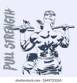 Vector illustration of man doing lat pulldown back exercise in gym strong muscular body from behind