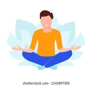 Vector illustration with man doing physical activity. Fitness, yoga studio illustration isolated on white background. Healthy lifestyle, meditation at home concept.