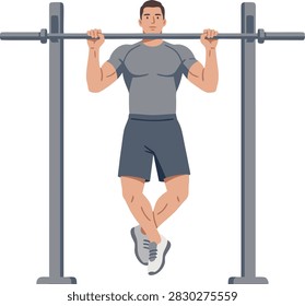 Vector illustration of a man doing pull-up exercise on horizontal bar isolated on white background. Male athlete performing upper body workout in gym for fitness training.