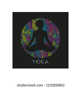  Vector illustration man doing yoga meditation in lotus position,young man practicing yoga  on a black background