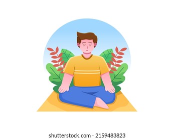 Vector Illustration of A Man Doing Yoga meditation on the outdoor.
Happy International Yoga Day Concept Cartoon. 
Can be used for greeting card, postcard, banner, poster, web, landing page, app, etc