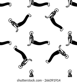Vector illustration of man doing yoga asana. Black seamless pattern on white background.