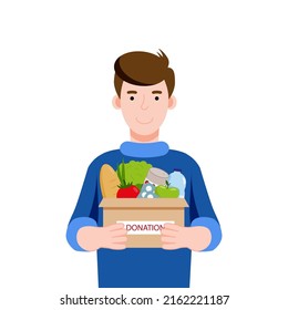 Ilustración vectorial del hombre con caja de donación en las manos. Ilustración de estilo plano. Ayuda humanitaria.