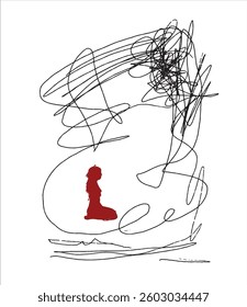 Vector illustration. Man drawn with ink. Line drawing. Hand drawn. Curved lines. Chaos of lines. Ink sketch. Doodle art. Creative drawing. Chaotic process of lines.
confused life. Woman sitting.