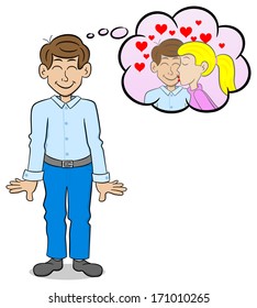 vector illustration of a man dreaming of a kiss