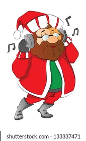 Vector illustration of man dressed as santa, listening to music on headphones.