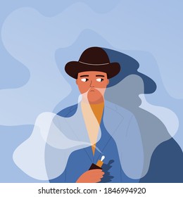 Vector illustration with a man dressed in a strict suit and hat Vaping and stands surrounded by clouds of smoke. 