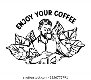 vector illustration of a man drinking coffee, with a background of coffee leaves in the morning, line art, handrawn lifestyle sketch, suitable for use in cafe, office decoration art