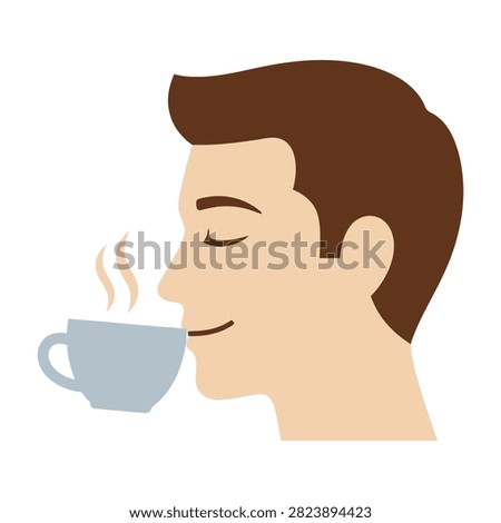 Vector illustration of a man drinking hot coffee with closed eyes expressing pleasure. Concept of morning routine, relaxation, break time, and enjoying a delicious hot beverage.