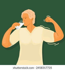 Ilustración vectorial de un hombre tomando leche para ganar peso. Nutrición saludable para el concepto de ganancia muscular.	