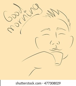 vector illustration of a man drinking tea coffee mug in his hand silhouette outline happy shaggy hair good morning