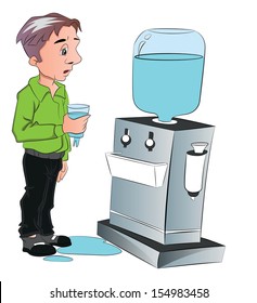 Vector illustration of man drinking water from cooler at office