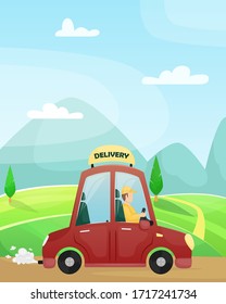 Imagen vectorial de un hombre conduciendo un camión de parto rojo. Entrega de comida a su casa.