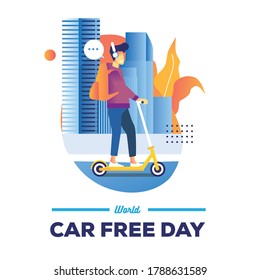 Vector illustration of man driving scooter in the city street during Car free day celebration.  Good for banner or poster