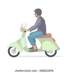 Vector illustration of a man driving a scooter. Isolated on white background. Illustration of dynamic city lifestyle.