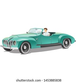 Vector illustration of man driving vintage sports car in blue color, isolated