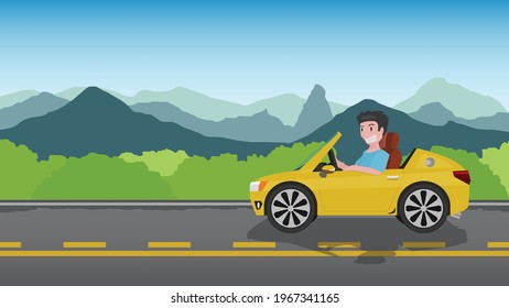 Vector illustration of man driving yellow sport car open roof. Drive on asphalt roads that pass through the nature of the mountains. Travel alone.