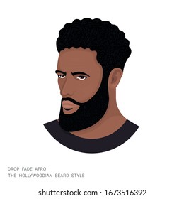 Vector illustration of a man with a drop fade afro and hollywoodian beard on a white background. The modern person with a stylish haircut. Template for barbershops, salons. Avatar in style realism.