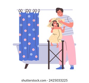 Vector illustration of man drying with towel his daughter. Father and child are by bathtub with blue curtain, sharing joyous bath time moment in bathroom at home.