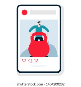 Vector illustration with man and dumbbell. Sports mobile application. Fitness app. Workout for wellness, activity. Healthy lifestyle. Design for app, websites, print, presentation.