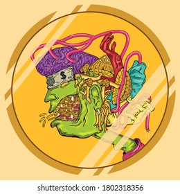 Vector Illustration of man eat of penny. Money Illustration on Surrealism Art. 