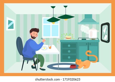 Vector illustration of man eating breakfast along with cat