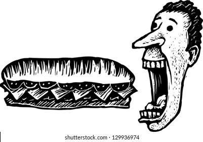 Vector illustration of man eating giant submarine sandwich