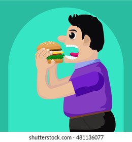 Vector Illustration of a Man Eating his Hamburger